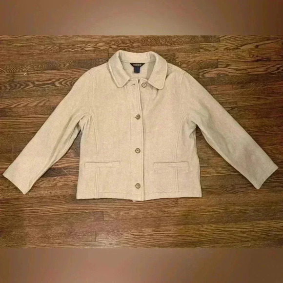 Woolrich 100% Wool Chore Coat Beige Khaki Fall Button Up Collared Size Medium - Picture 1 of 6
